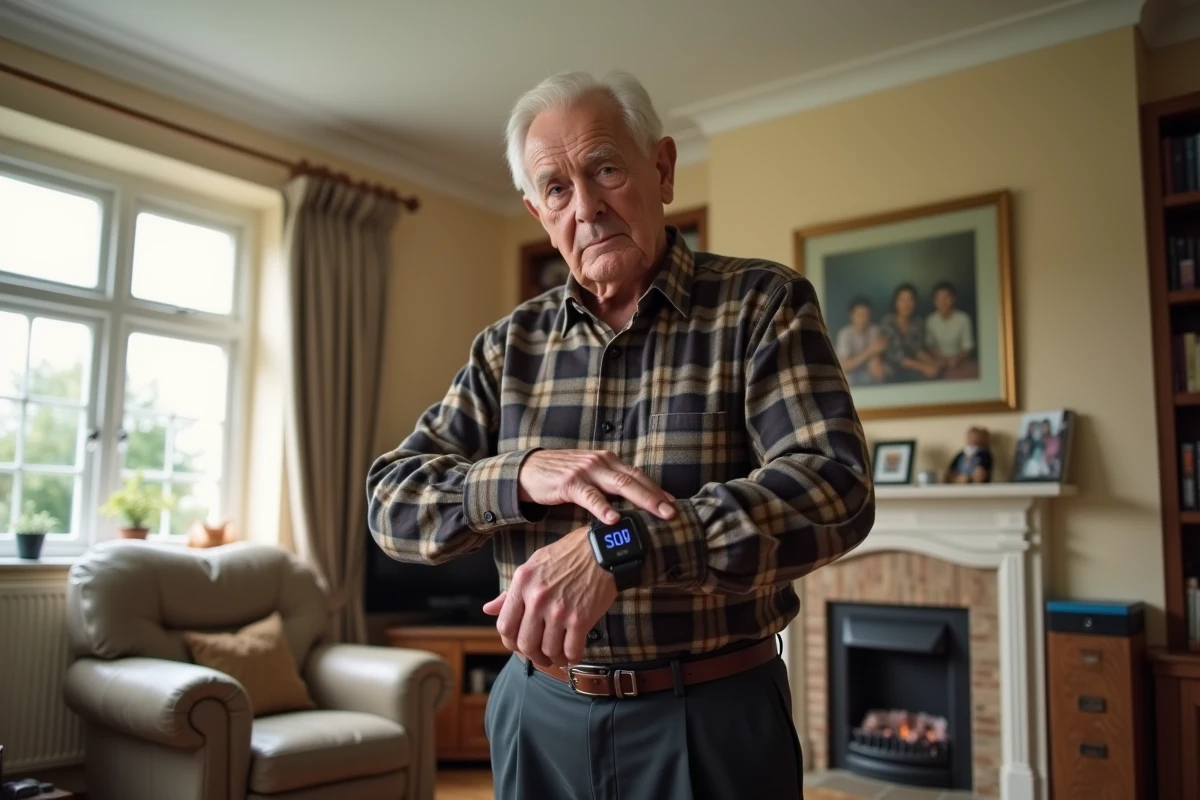 Homme âgé appuyant sur le bouton SOS de sa montre de sécurité dans son salon familier