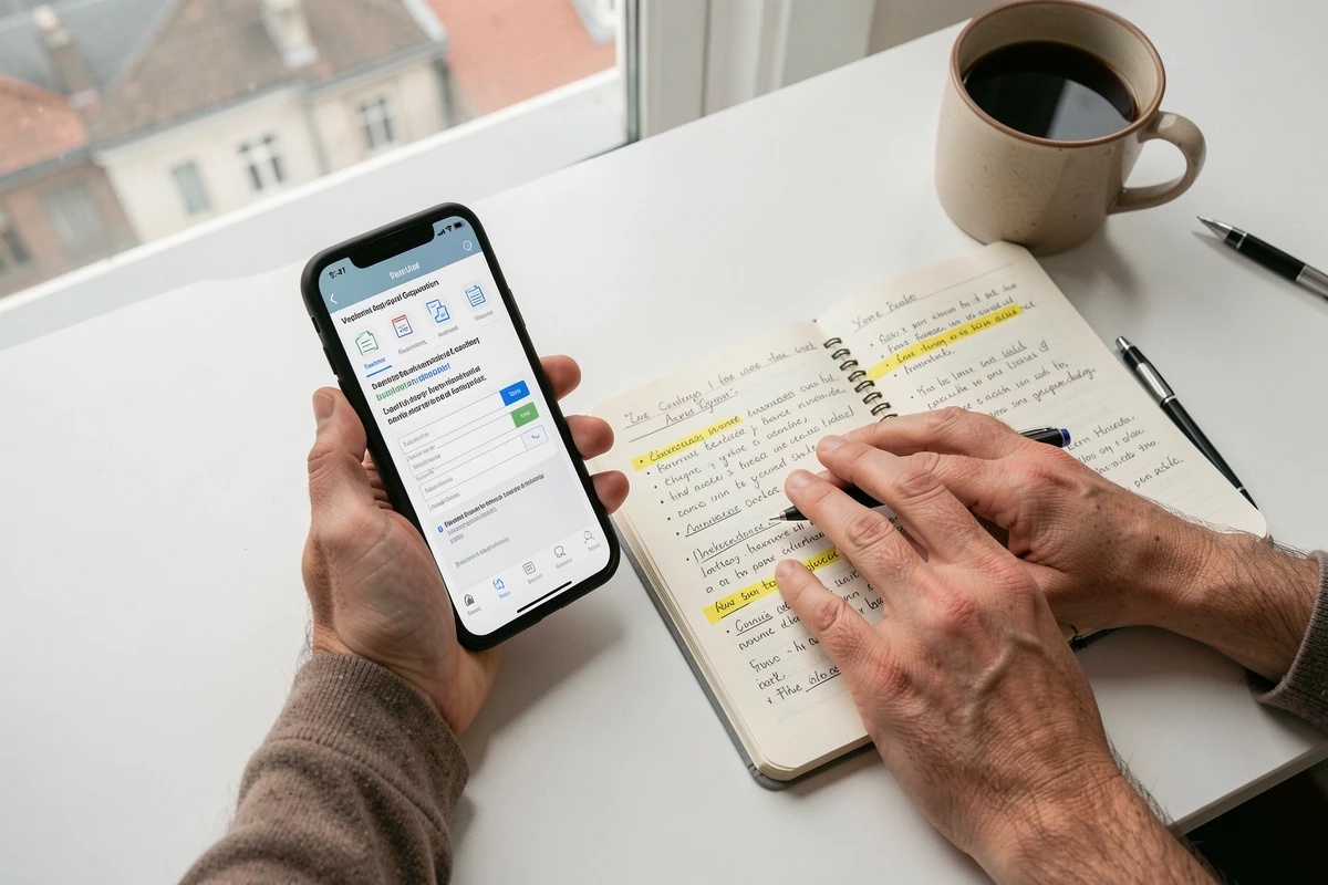 Mains d'un tuteur prenant des notes sur l'application Mon Proxima pour gérer une protection juridique sur smartphone