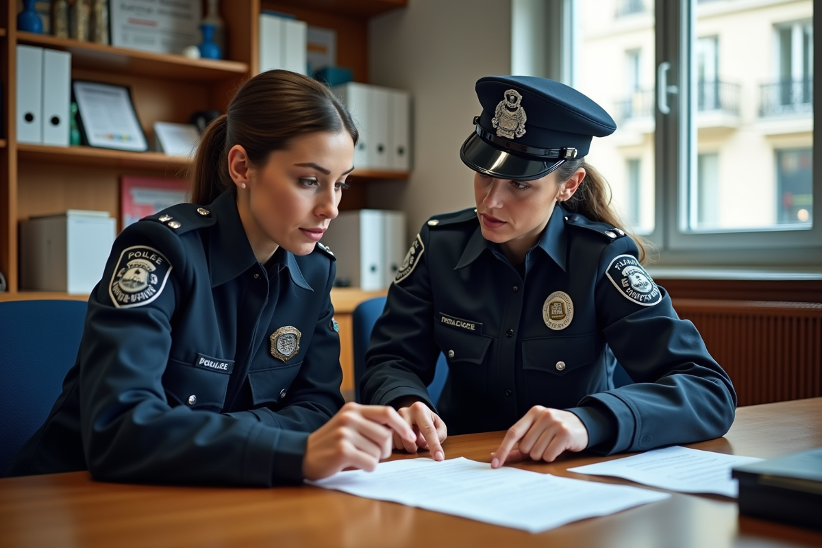 Deux policiers discutant dans un bureau de commissariat