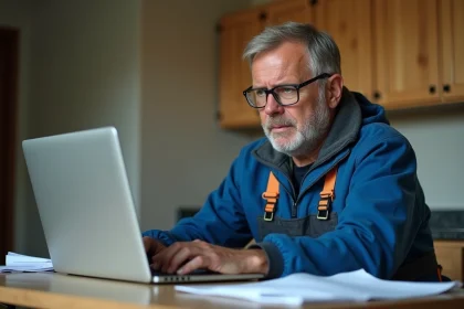 Homme ouvrier en int&eacute;rieur concentr&eacute; sur son ordinateur
