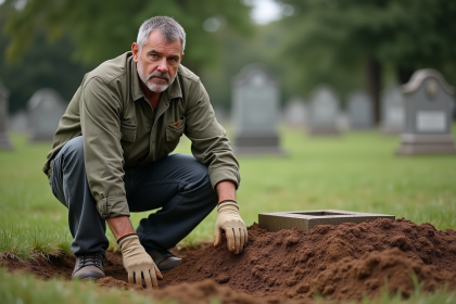 Jardinier de cimetière en pleine action avec une tombe fraîche
