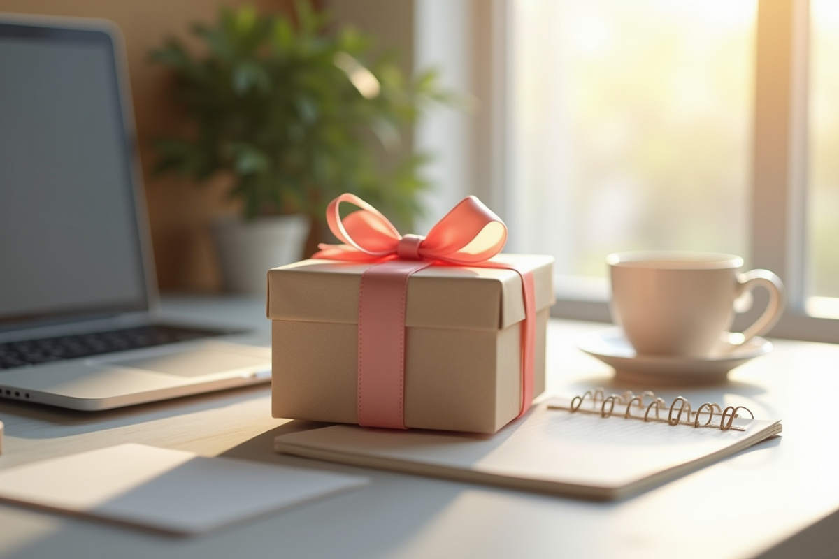 Coffret cadeau avec ruban satin sur bureau moderne