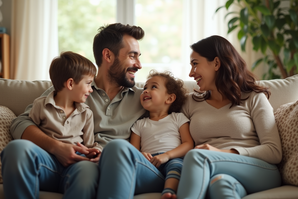 Parents et enfants discutant assis sur un canapé lumineux