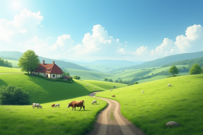 Paysage rural paisible avec ferme et vaches sous un ciel bleu