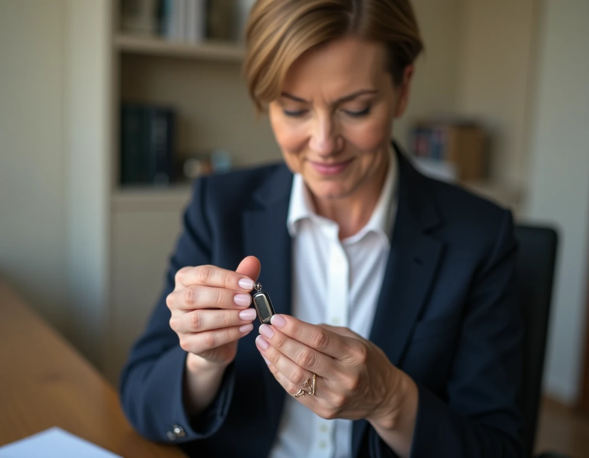 Femme tenant un pendentif traceur GPS entre ses doigts dans un bureau à domicile, solution de géolocalisation discrète en bijou pour personne dépendante