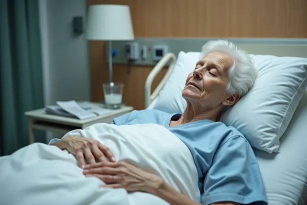 Femme âgée endormie dans un lit d'hôpital, illustrant la somnolence excessive chez les personnes âgées