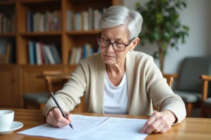 Personne âgée lisant attentivement un contrat de bail dans un appartement de résidence senior Domitys