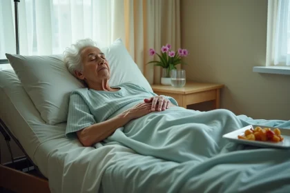 Femme âgée au repos dans une chambre de soins, repas non touché sur la table de chevet, signe de perte d'appétit en fin de vie