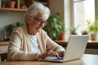 Une femme âgée consulte un site de recherche de maison de retraite sur son ordinateur portable dans sa cuisine