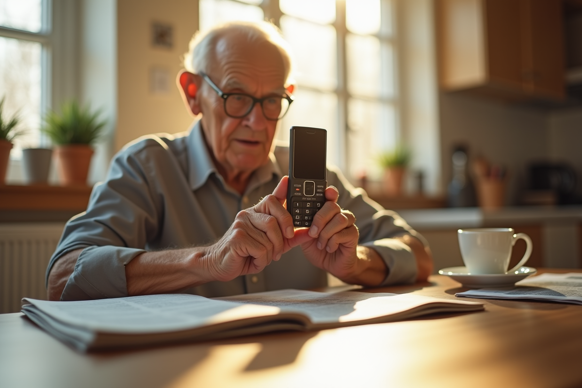 Personne agee tenant un telephone classique dans la cuisine