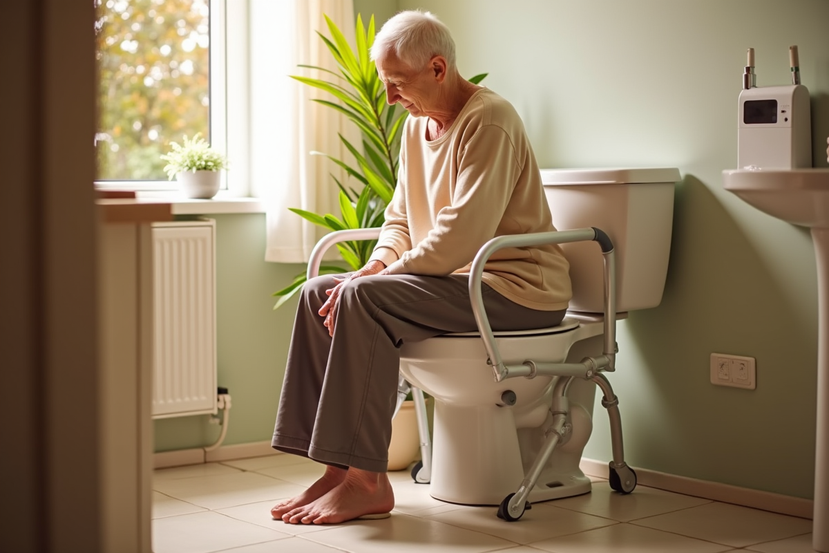 Personne agee assise confortablement sur un siège de toilette