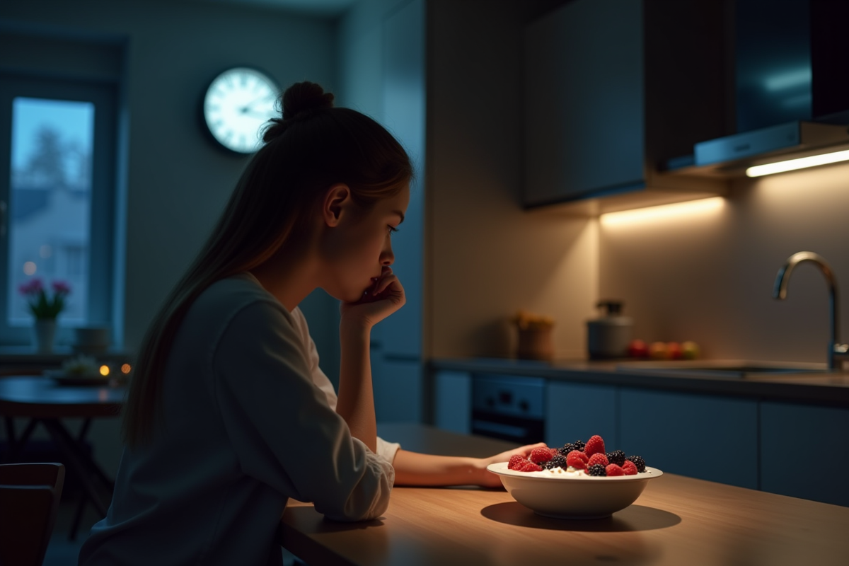 Personne dégustant un yaourt aux fruits dans une cuisine moderne la nuit