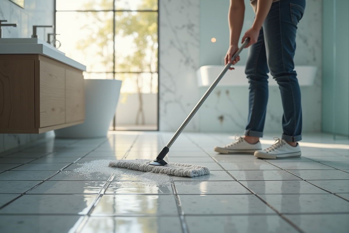 Personne nettoyant un sol antidérapant dans une salle de bain moderne
