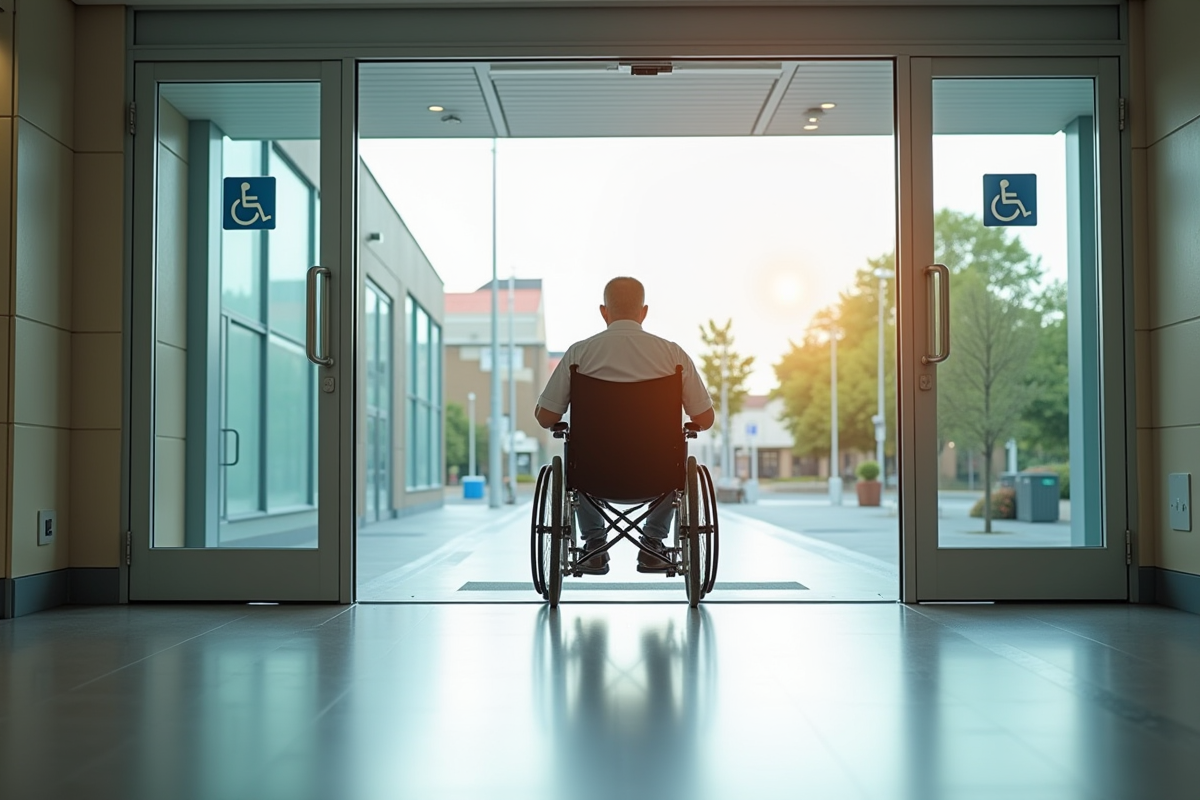 Personne en fauteuil entrant dans un bâtiment moderne lumineux
