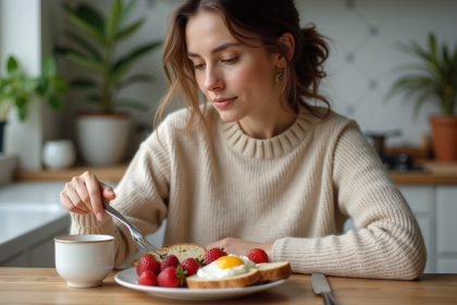 Jeune femme préparant un petit déjeuner dans une cuisine chaleureuse