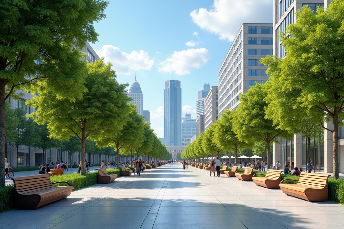 Place publique moderne en ville en journée avec verdure et piétons