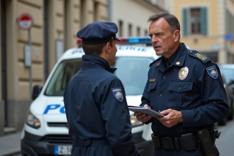 Policier français en uniforme devant une voiture de police