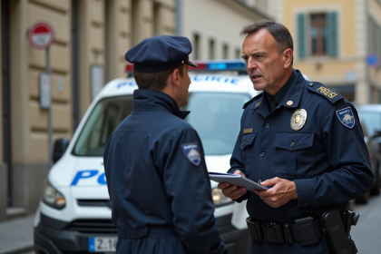 Policier français en uniforme devant une voiture de police