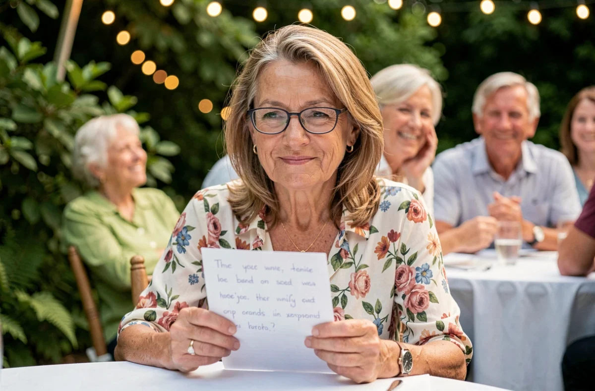 Portrait émouvant d'une femme lisant son discours de retraite lors d'une fête d'adieu en plein air