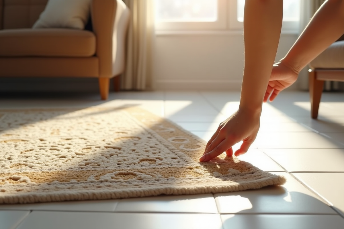 Main posant un tapis antidérapant dans un salon lumineux