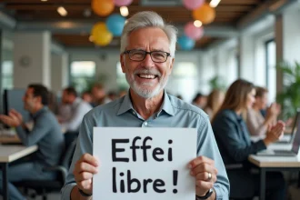 Homme souriant tenant une pancarte humoristique lors de son pot de départ en retraite entouré de collègues qui rient dans un bureau moderne