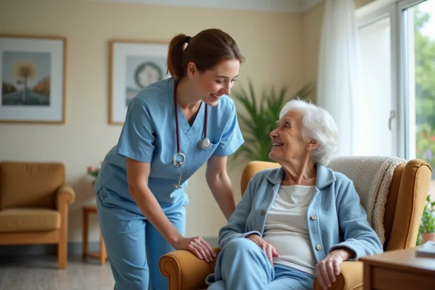 Aide-soignante professionnelle accompagnant une résidente âgée dans une maison de soins moderne et chaleureuse