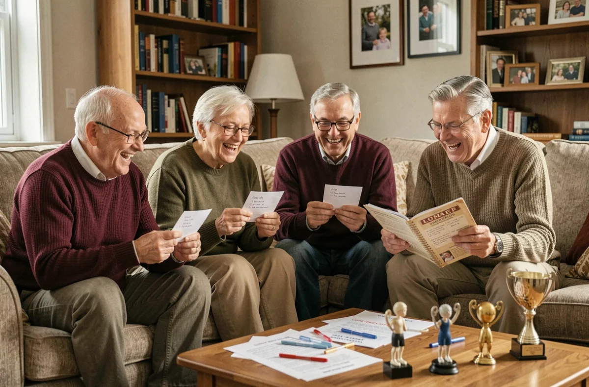 Groupe d'amis adultes jouant à un quiz trivia pour célébrer un anniversaire de 60 ans dans un salon chaleureux