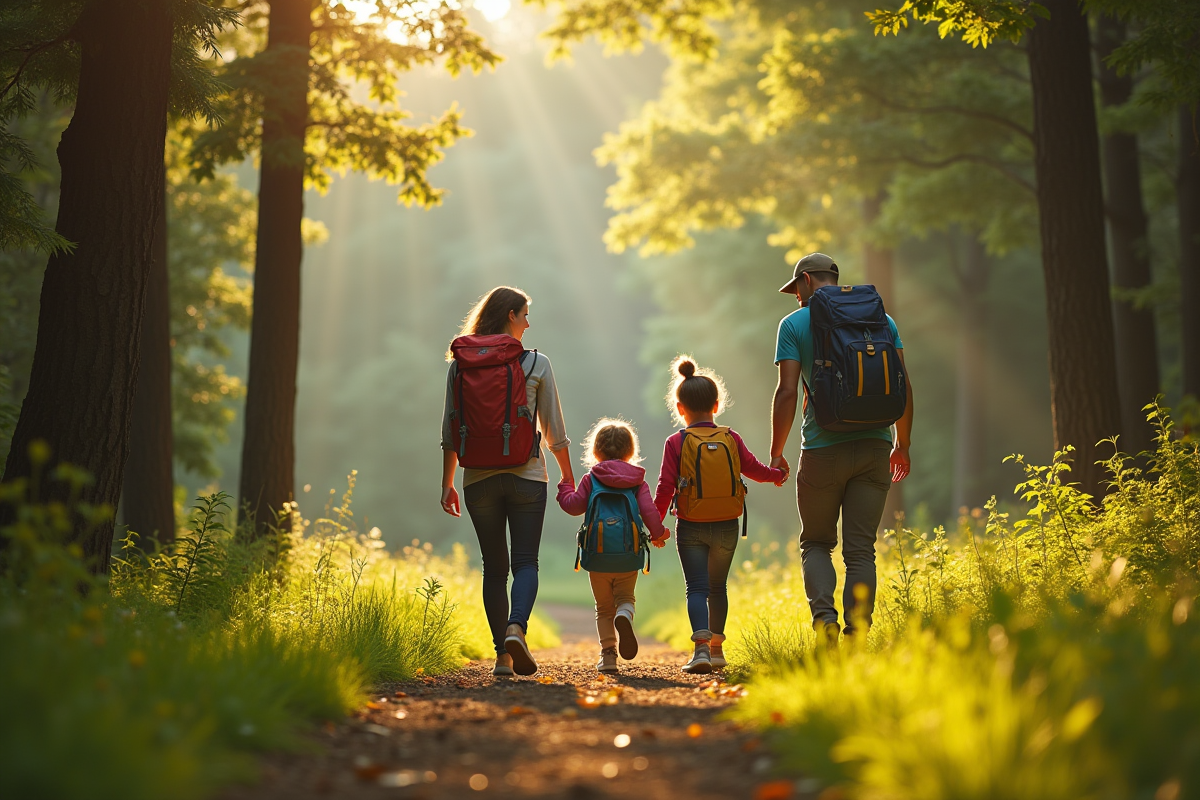 Famille de quatre en randonnée dans la forêt verte