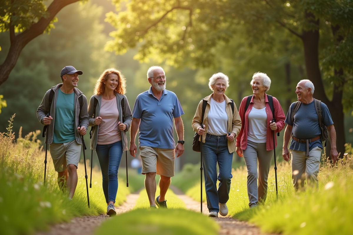 Groupe de seniors actifs en randonnée dans un parc ensoleille