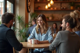Jeune femme timide souriante lors d'une rencontre amicale dans un café cosy à Lyon