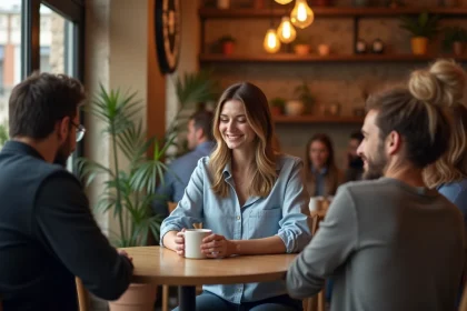 Jeune femme timide souriante lors d'une rencontre amicale dans un café cosy à Lyon