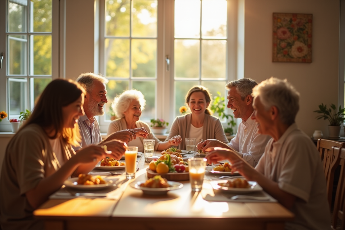 Famille multigenerational partageant un repas convivial