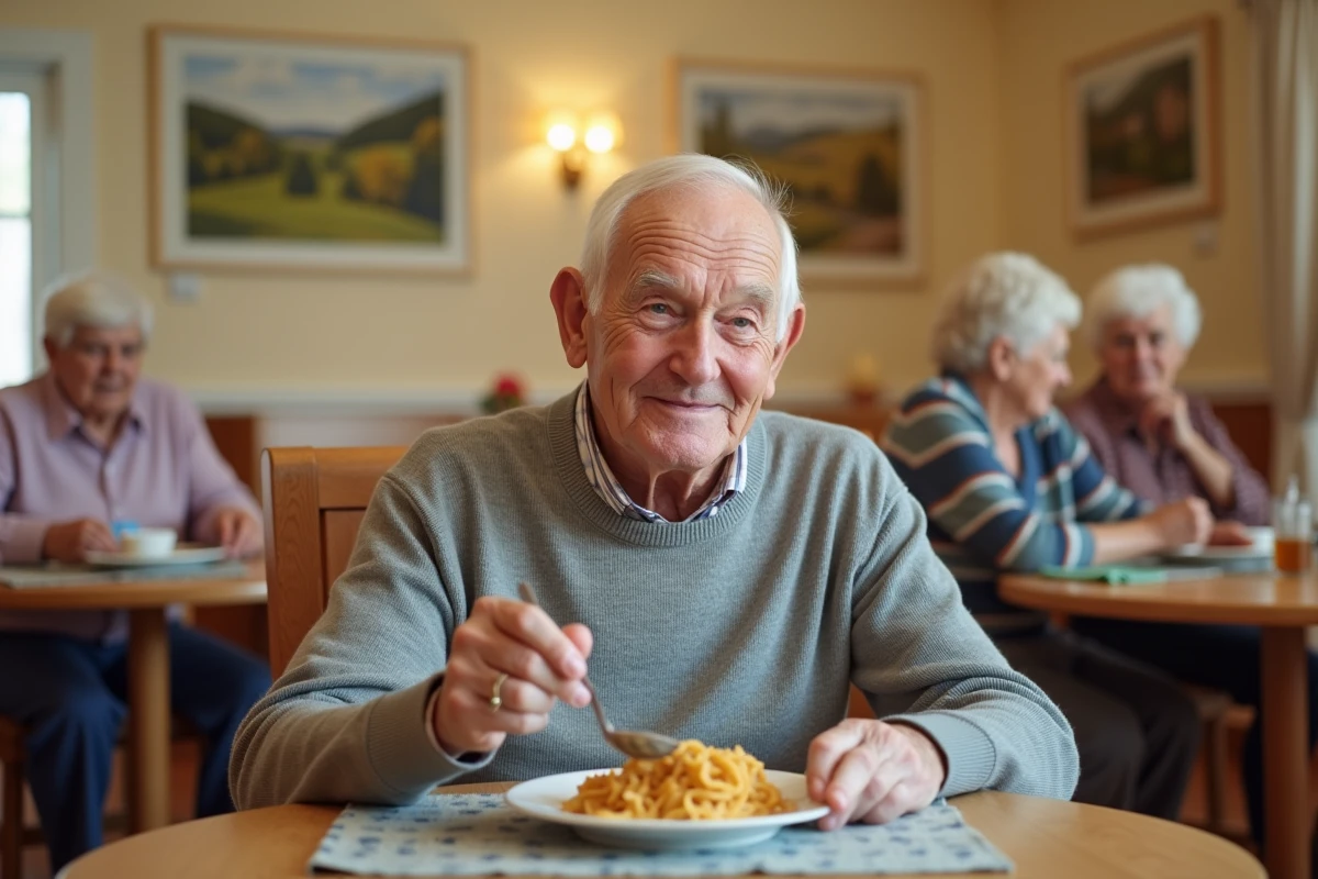 Résident âgé prenant un repas équilibré dans la salle à manger conviviale d'une maison de soins de qualité