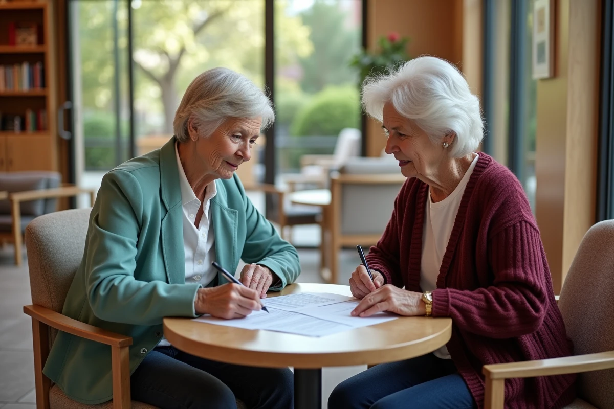 Deux résidentes seniors comparant des documents tarifaires et conditions de bail dans le salon commun d'une résidence Domitys