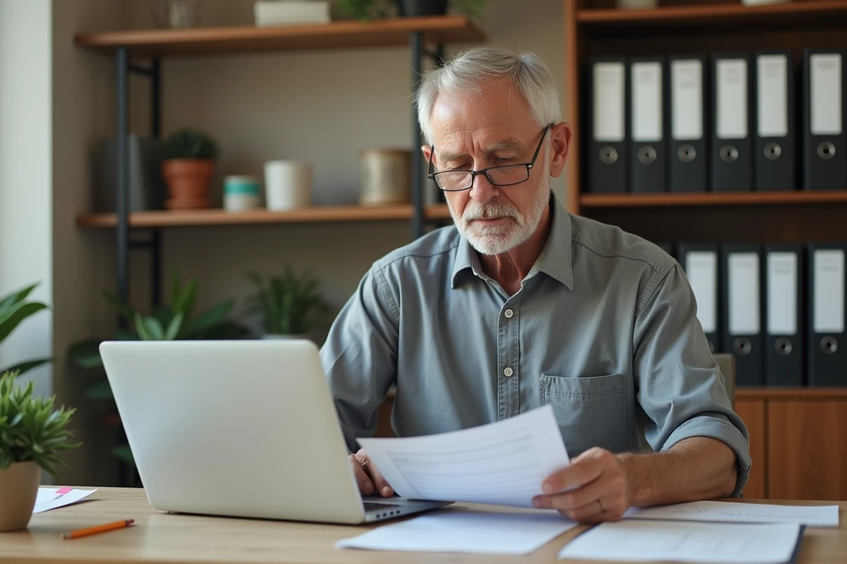 Retraité consultant son ordinateur portable pour préparer une demande d'aide financière au déménagement