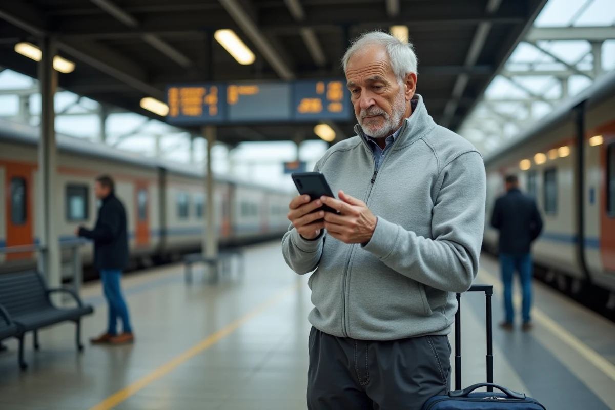 Retraité SNCF consultant l'Agence Famille sur mobile depuis un quai de gare