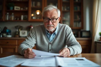 Retraité SNCF consultant son pass carmillon et des documents de voyage à la maison