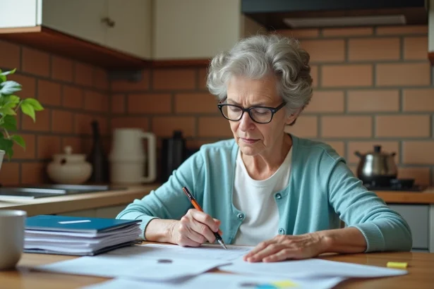 Retraitée préparant son dossier d'aide au déménagement avec des documents administratifs sur une table en bois