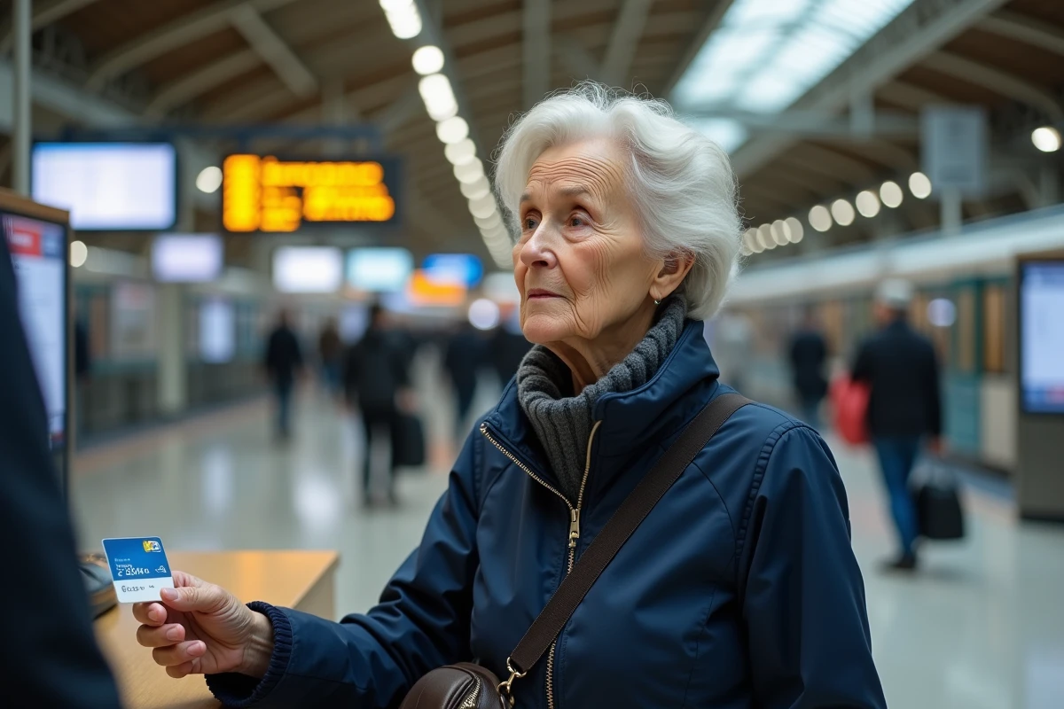 Femme retraitée présentant son pass carmillon SNCF au guichet d'une gare française