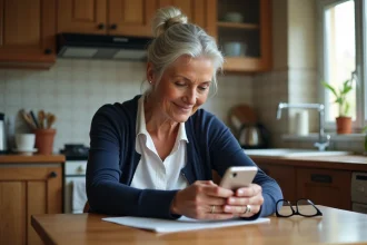 Retraitée SNCF utilisant l'application mobile Agence Famille sur son smartphone dans sa cuisine