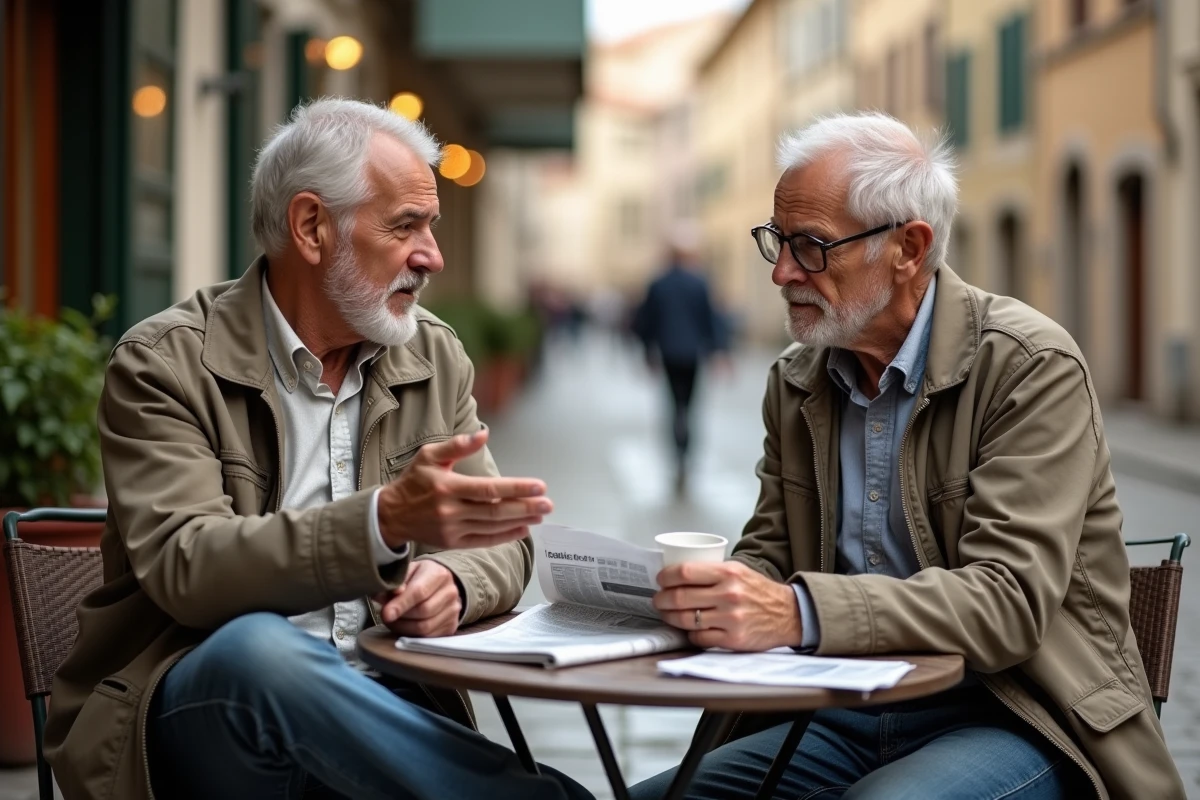 Deux hommes retraités discutant de fiscalité et d'impôts en terrasse de café