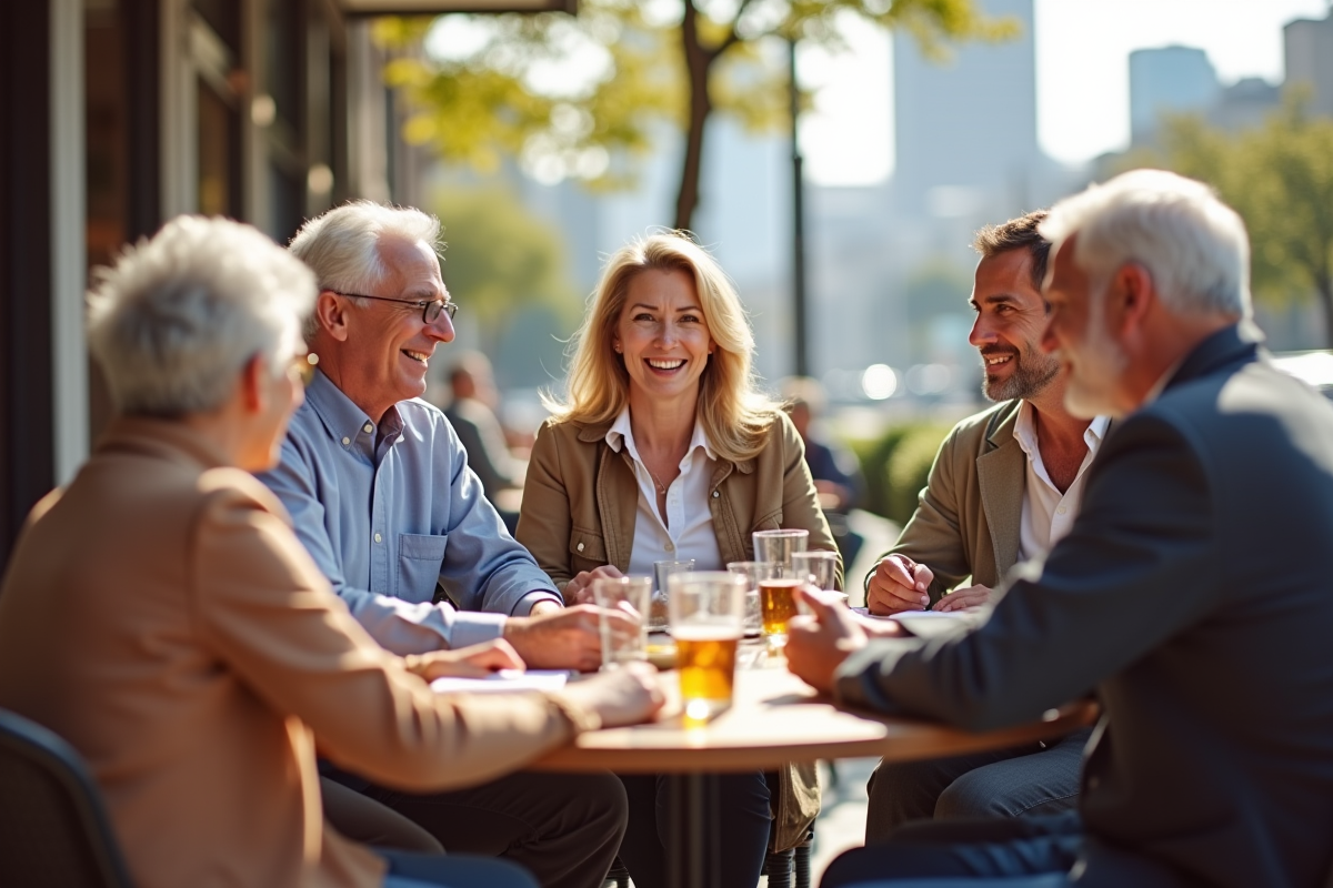 Groupe de retraités discutant au café en plein air