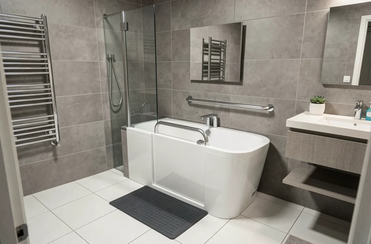 Salle de bain moderne équipée d'une baignoire PMR avec porte et barres d'appui pour accessibilité