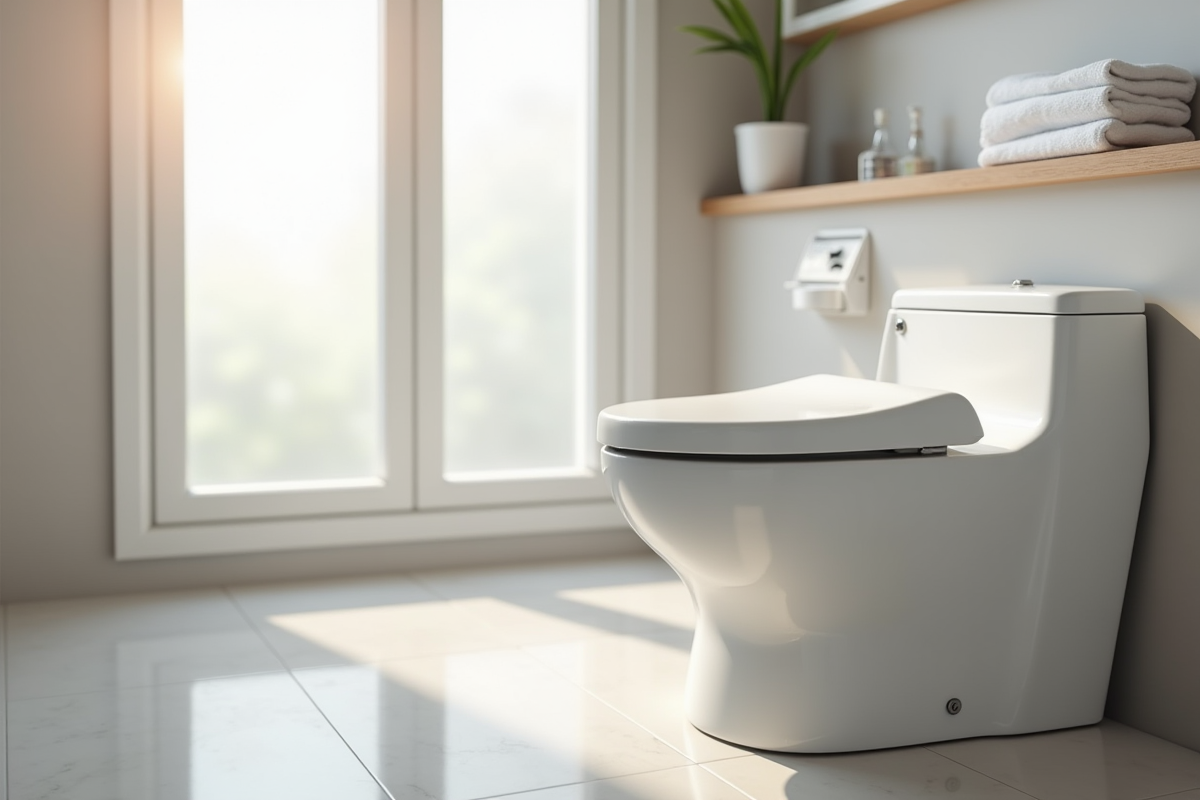 Salle de bain moderne avec toilette blanche et lumière naturelle