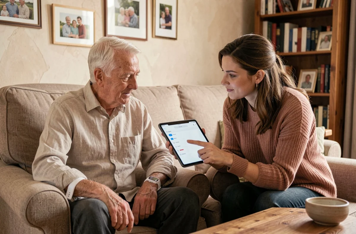 Homme senior et aidante familiale consultant ensemble une interface de télégestion à domicile sur une tablette