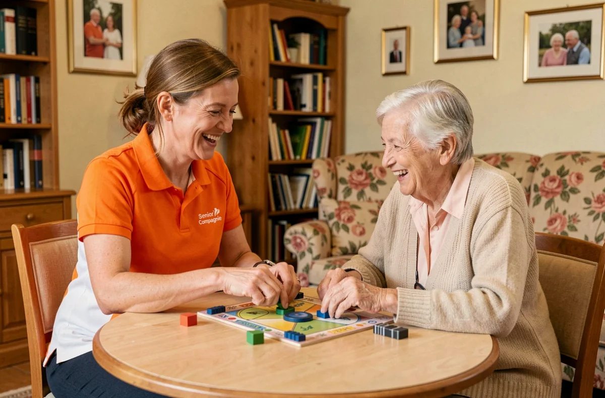 Une intervenante Senior Compagnie joue à un jeu de société avec une personne âgée dans un salon chaleureux