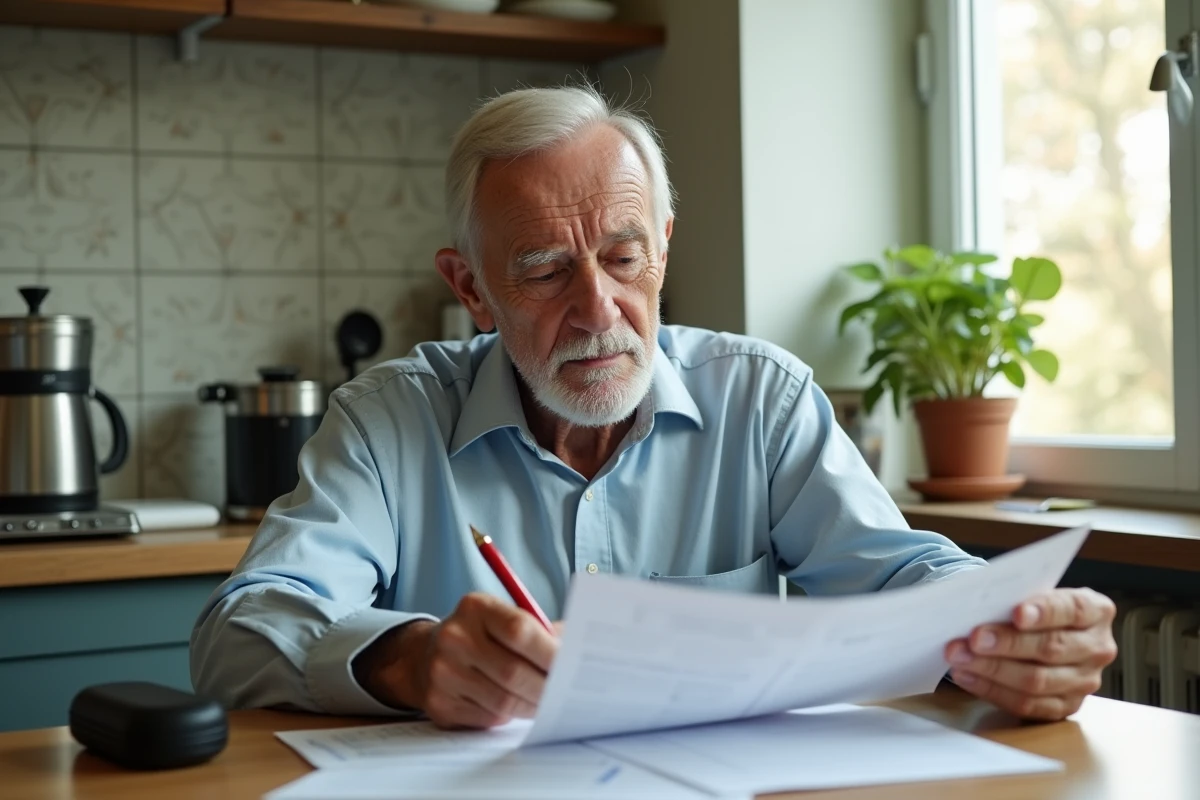 Personne âgée consultant des documents sur les aides financières et tarifs ADMR à domicile