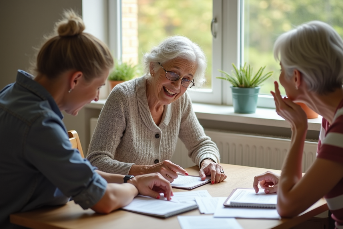 Femme âgée souriante lit des documents avec une assistante