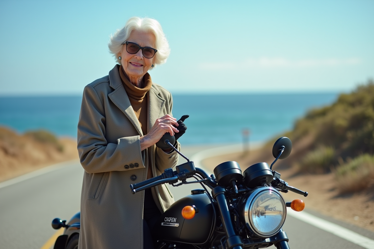 Femme senior ajustant ses gants près d une moto au bord de mer