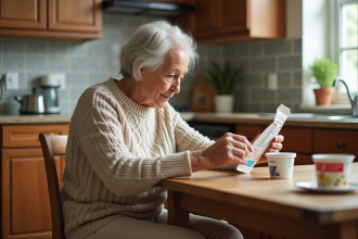 Femme senior lit attentivement étiquettes nutritionnelles
